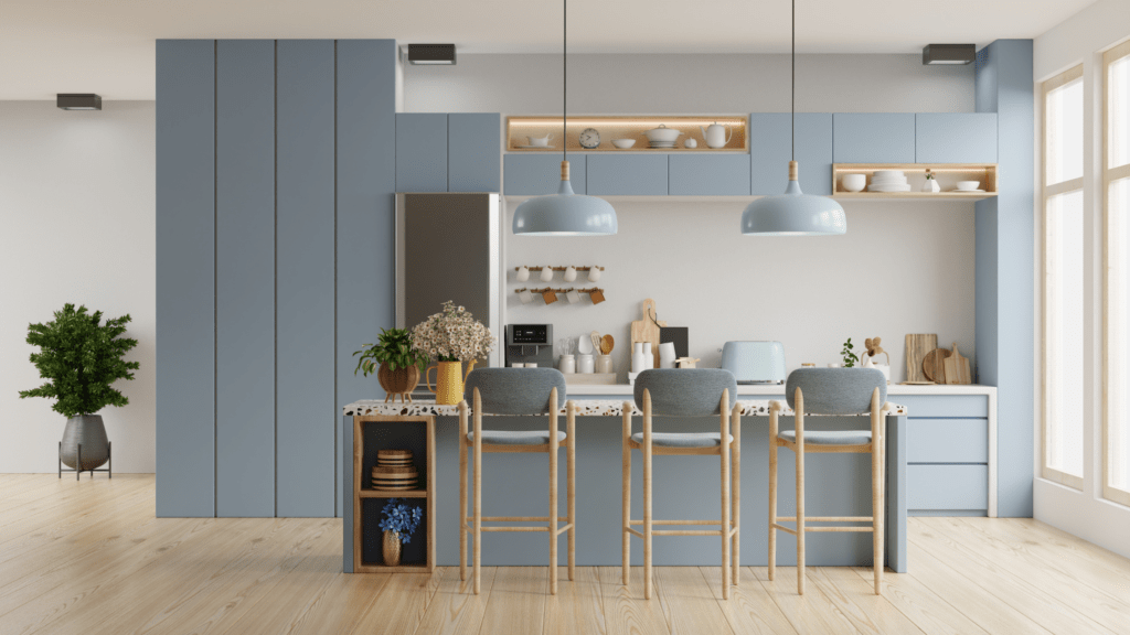 Cozinha com parede azul 